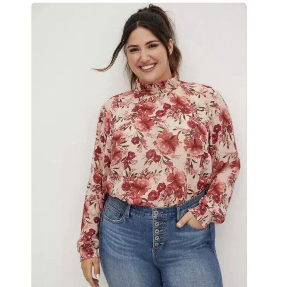 Torrid Pink Floral Chiffon Smocked High Mock Neck Long Sleeve Blouse Size 3X